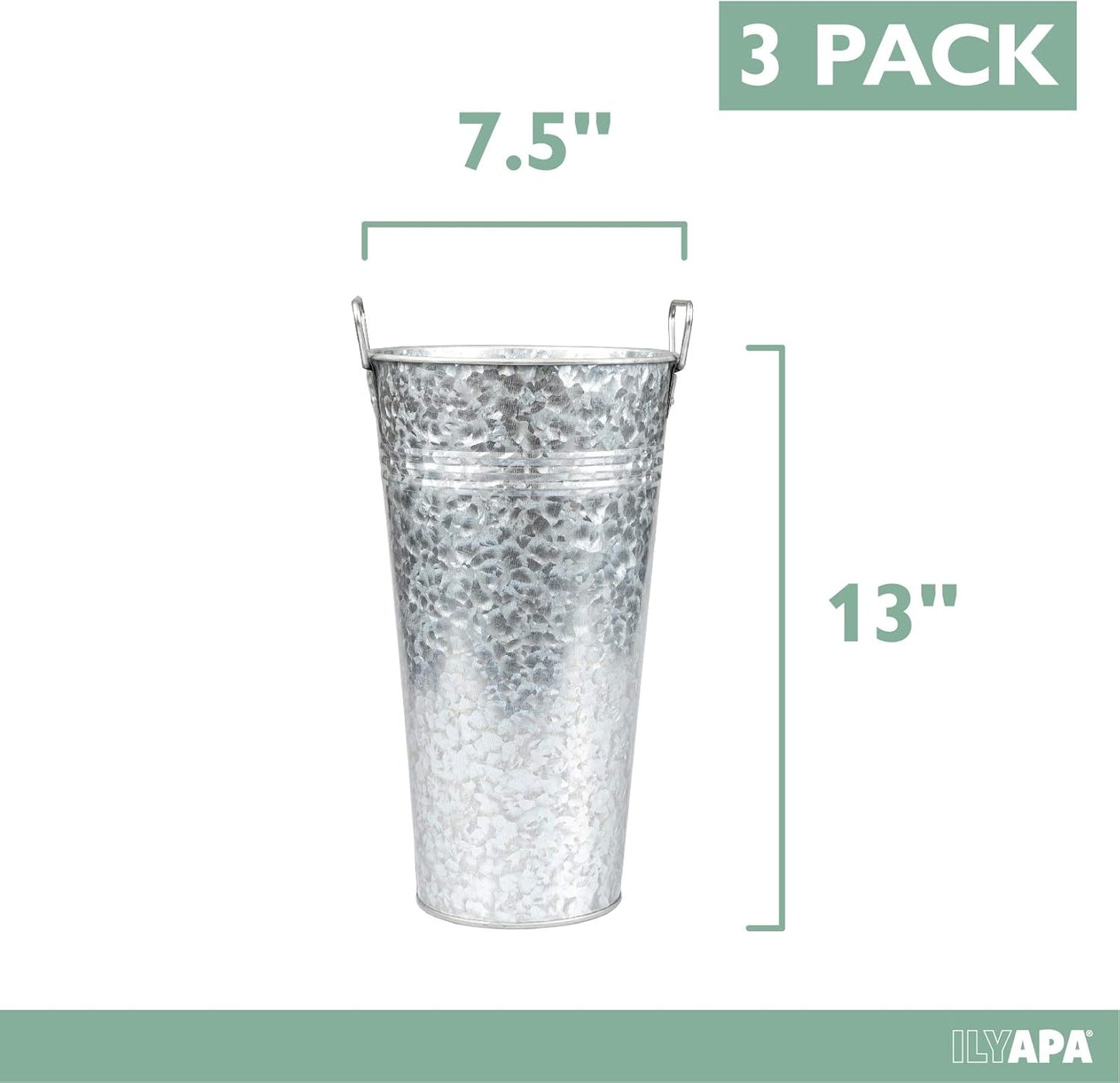 Ilyapa Galvanized Metal Flower Vase 3 Pack - 13" Tall Rustic Farmhouse Bucket Planter Pots