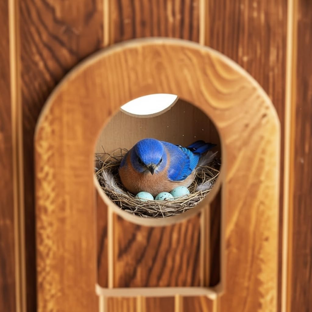 Water Proof Bluebird Bird Houses for Outside, 1.5" Entrance with Landing Perch Guard, Rustic Patriot Style, Squirrel Proof Composite Material Bird House for Outdoor, HDPE Roof 10 Years Weatherable