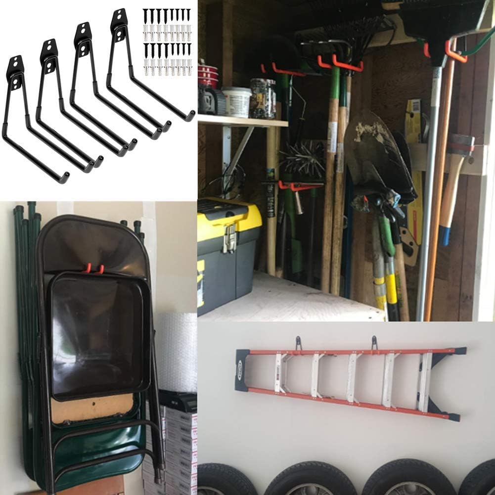 Heavy Duty Garage Storage Utility Double Hooks,Extended Wall Mount Tool Holder Organizer for Ladders,Bike,Chair (4 Pack Black 7.5" Large U Hook)
