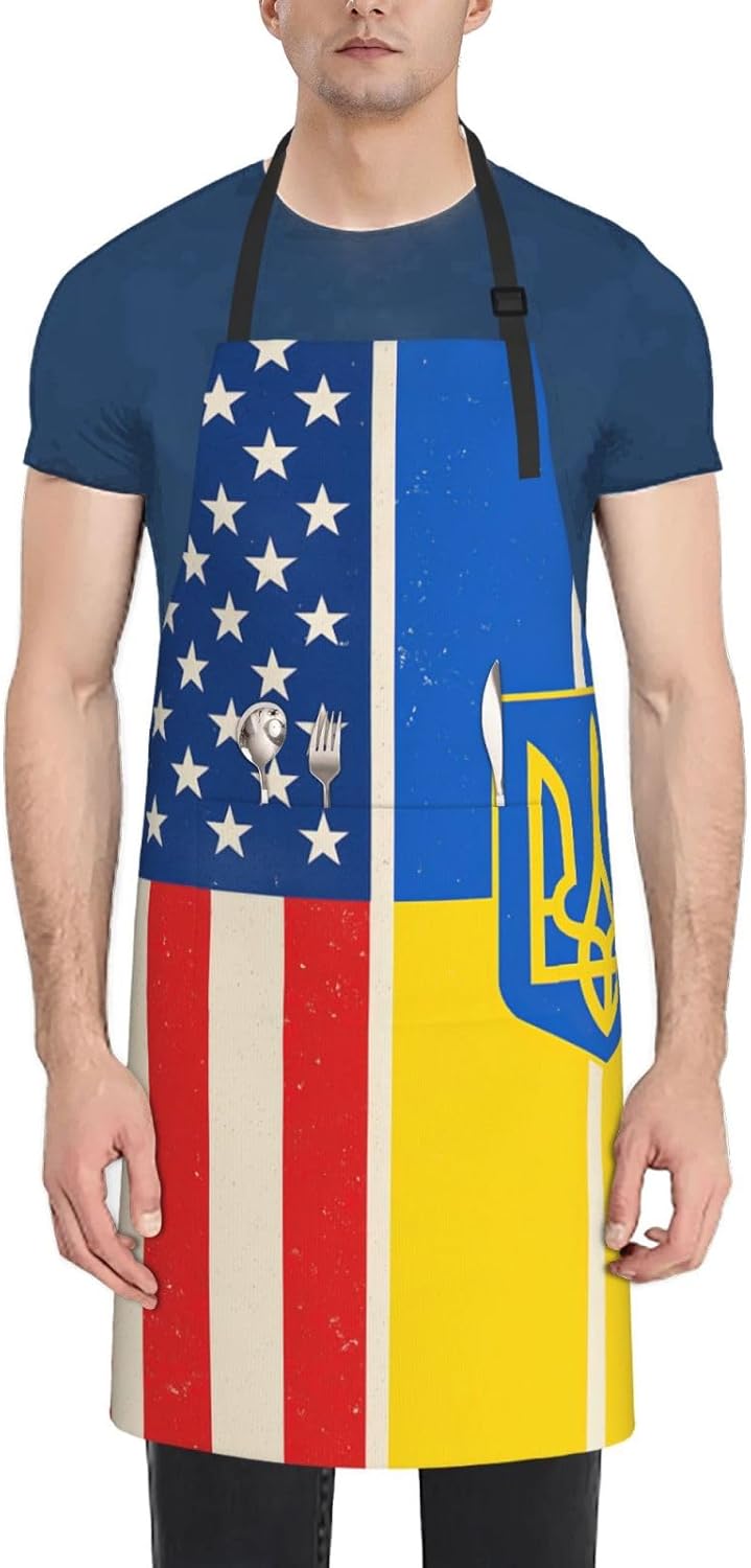 YANYU USA and Ukraine Print 28x33 In Kitchen Apron Stylish Chef Apron with Pockets for Cooking Baking Painting