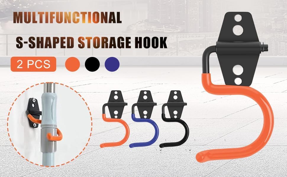 2PCS Garage Hook Heavy Duty Steel Garage Storage Hook, Heavy Duty Hook，Utility Hook and Broom and Mop Holder Wall Mount for Organizing Cleaning Tools, Mops, Garden Tools (S-Type) (Black)