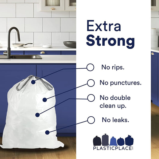 Plasticplace Custom Fit Trash Bags Compatible with Simplehuman Code J 50 Count White Drawstring Garbage Liners 10-10.5 Gallon 21"x28" Tear-Resistant LLDPE Bags for Kitchen Bathroom & Office