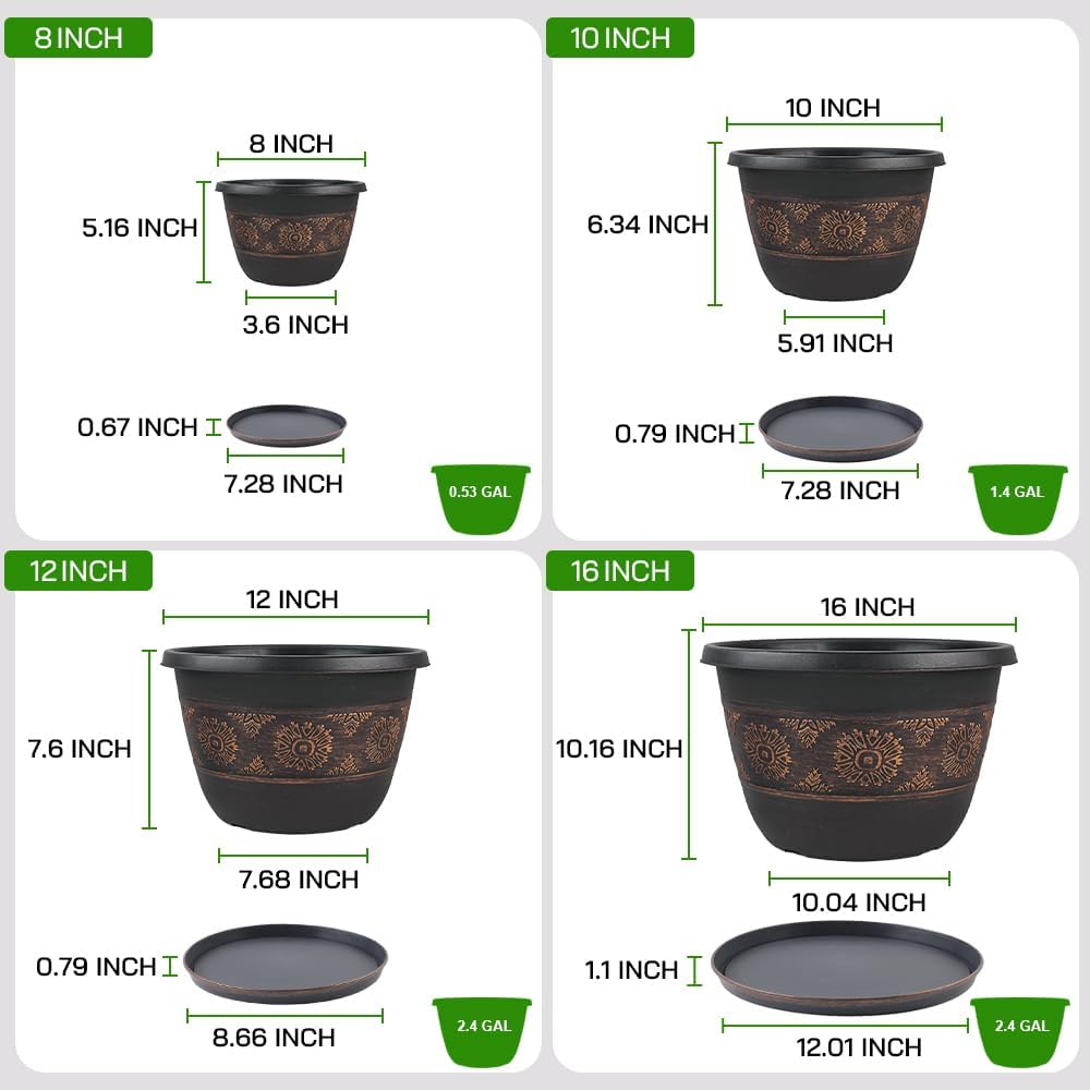 4 Pack 10 inch Plant Pots, Retro Pattern Planters with Drainage Holes 