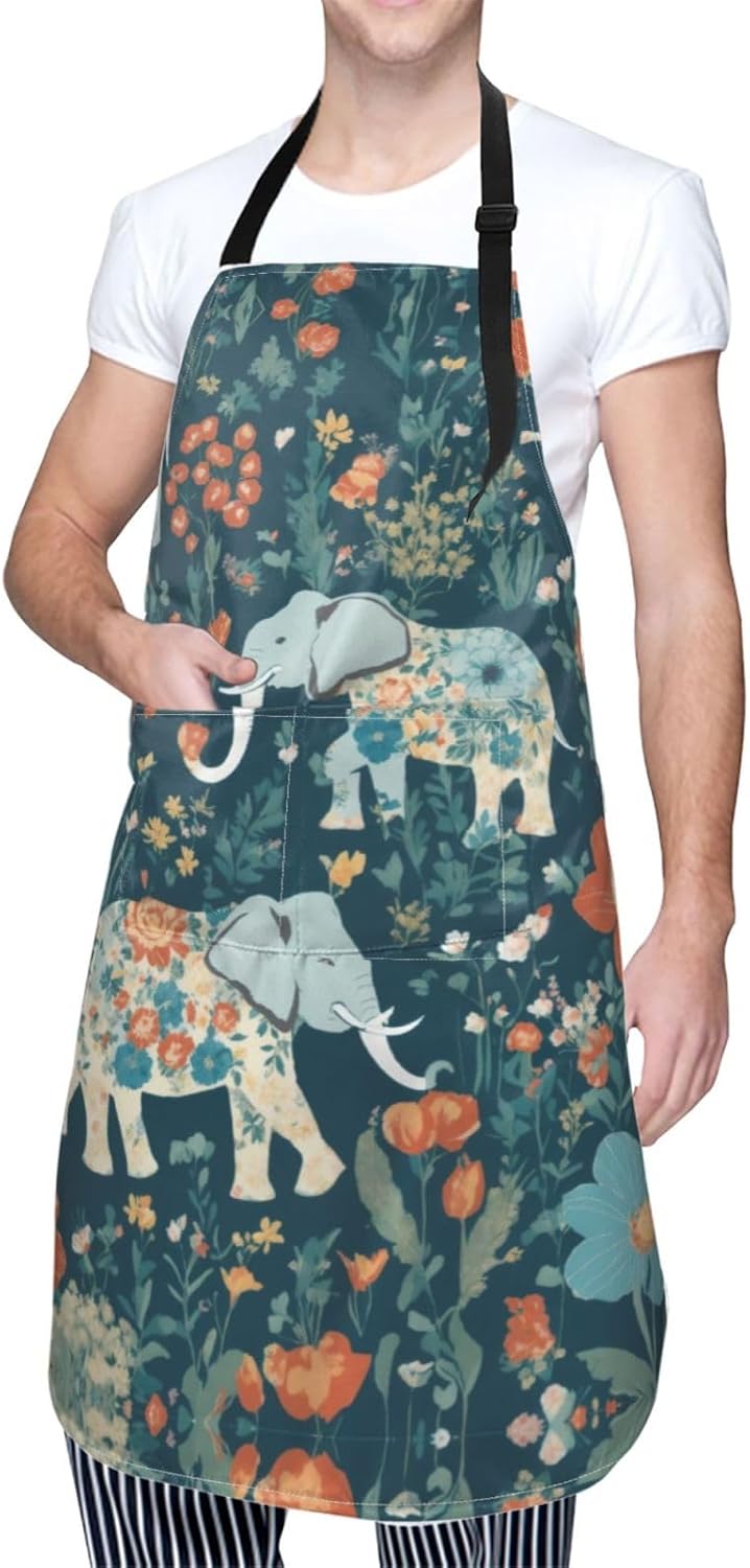 Gorgeous meadows pattern with floral elephant in Print Laundry apron 28x33 In Waterproof Kitchen Apron with Pockets for Cooking Baking