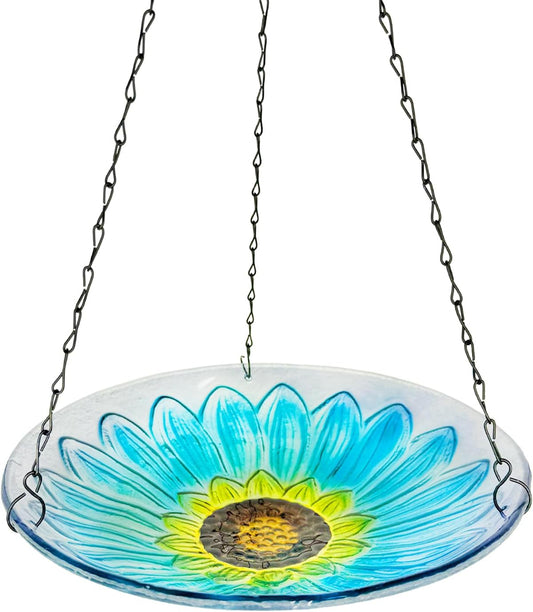 Hanging Bird Baths Outdoor Glass Birdbaths Garden Bird Feeder for Yard Lawn Decor Blue Flower