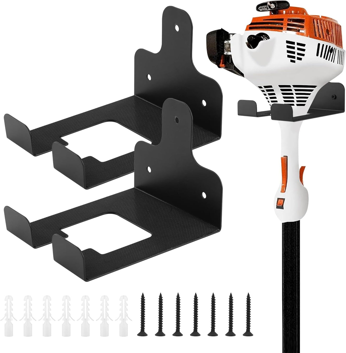 2-Pack Heavy-Duty Garage Organizer Trimmer Rack, Wall Mount Wee-d Eater Hanger, Garden Power Tool Hooks for Lawn Mower, Chainsaw, Broom, Hose & Sports Gear(COLOR:Black)