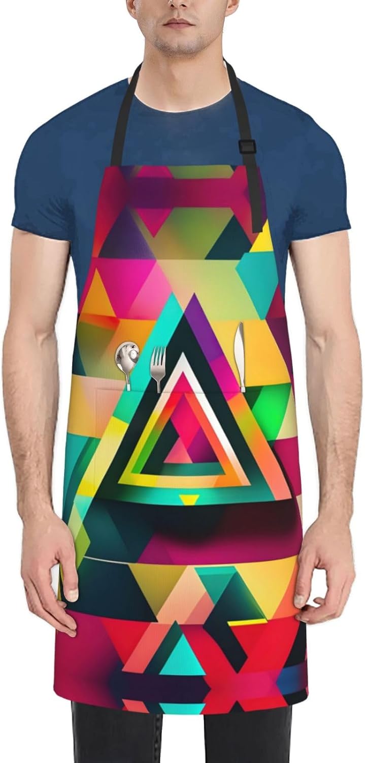 Colorful Triangle pattern Print 28x33 In Adult Kitchen Apron with Pockets Versatile Chef Smock for Cooking Baking