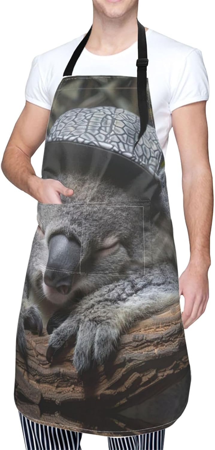 sleeping koala cap print Waterproof chef's apron with pocket apron for kitchen cooking baking barbecue and gardening