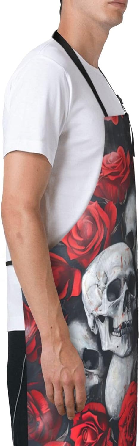 Skull and Red Rose print Waterproof chef's apron with pocket apron for
