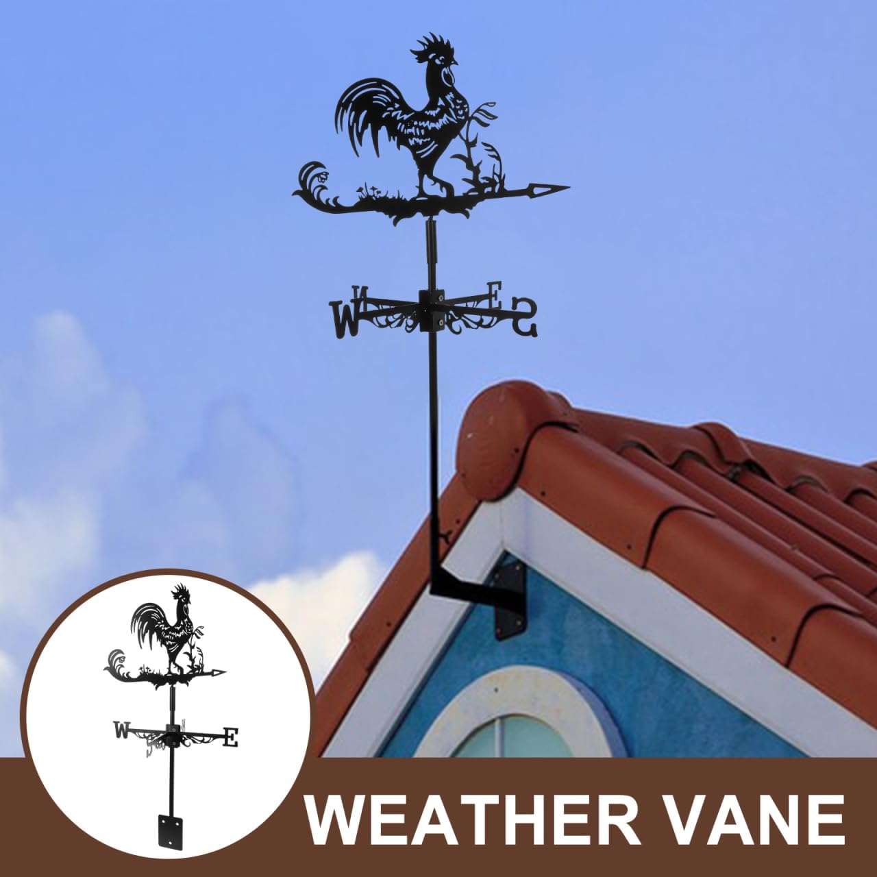 23.42 Inch Wrought Iron Rooster Weather Vane Metal Wind Direction Indicator for Garden Outdoor Lawn Farmhouse Decor