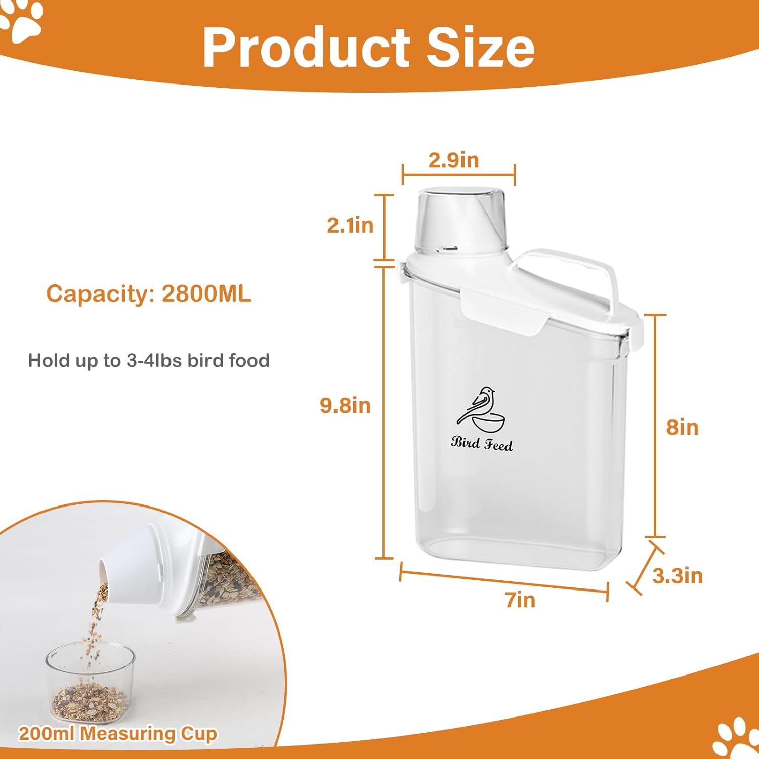 Bird Seed Storage Container Portable-3 Qt/2.8 L Clear Pet Food Contain