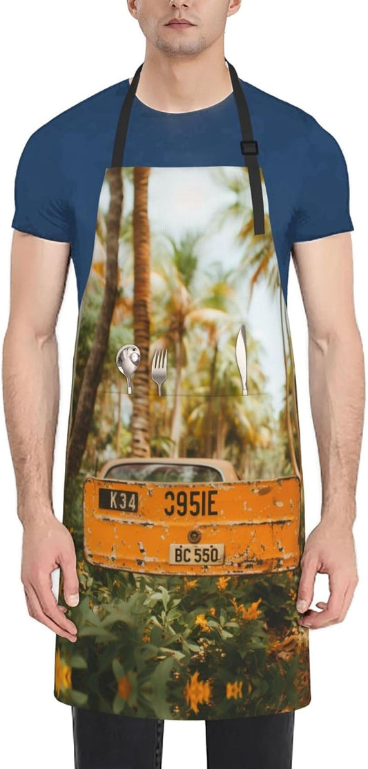 Old License Plate print Waterproof apron with pocket adjustable cooking apron for adult kitchen bibs to bake