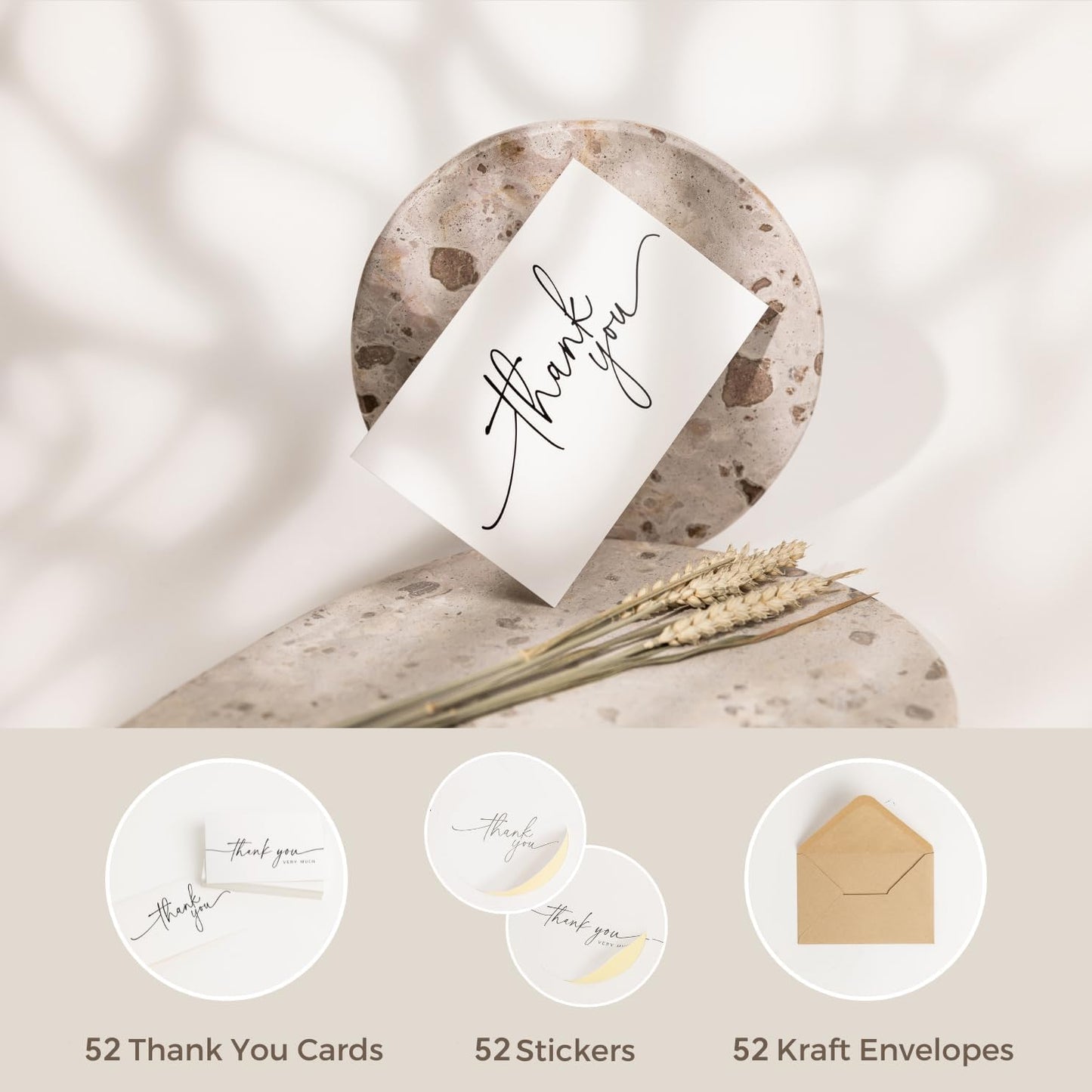 52-pack Thank You Cards Bulk with Kraft Envelopes & Matching Stickers, 3.5x5 Inches, Minimalist Design | Perfect for Business, Weddings, Baby & Bridal Showers, Graduations & Funerals.