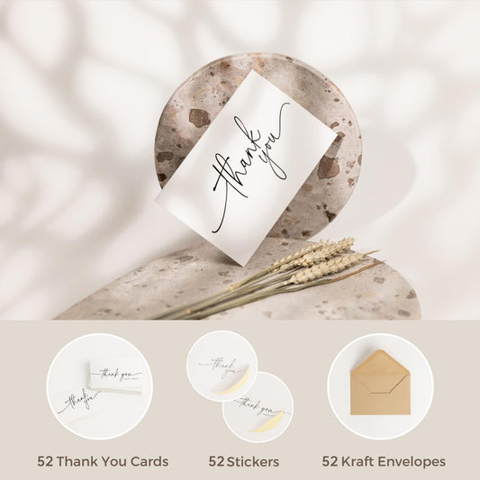 52-pack Thank You Cards Bulk with Kraft Envelopes & Matching Stickers, 3.5x5 Inches, Minimalist Design | Perfect for Business, Weddings, Baby & Bridal Showers, Graduations & Funerals.