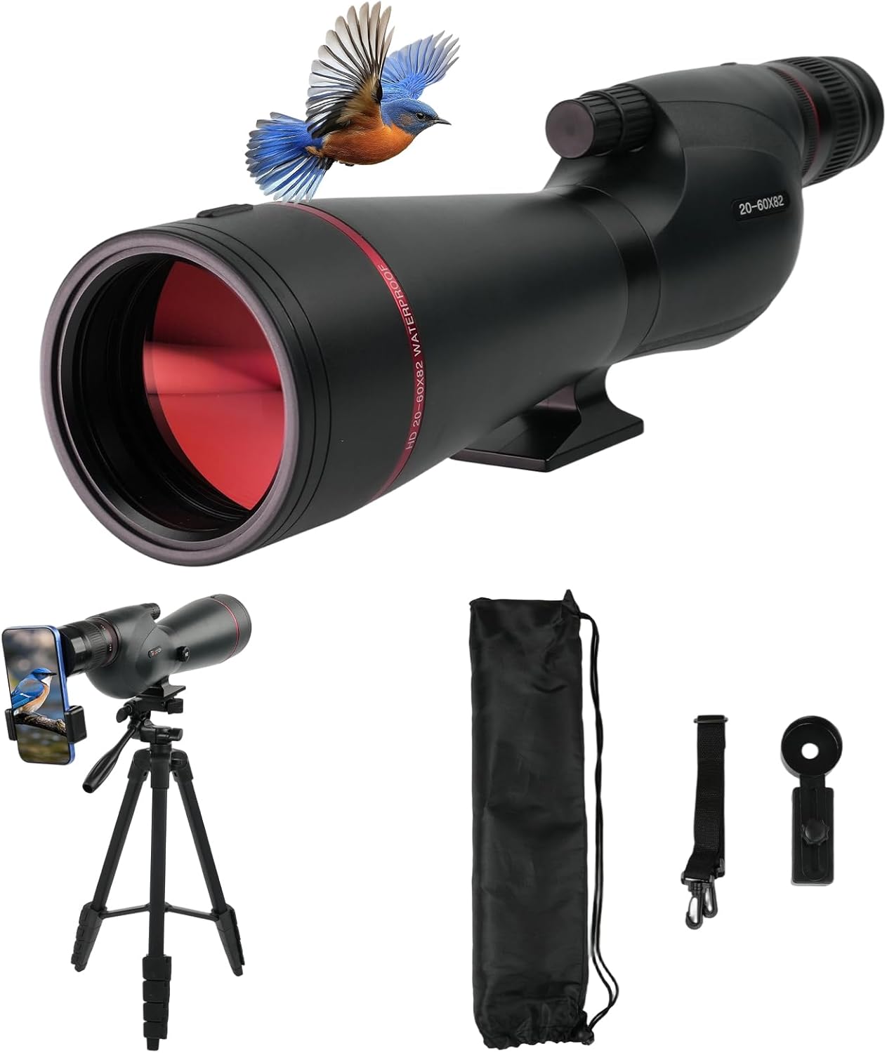 20-60x82 Spotting Scopes for Target Shooting with Upgraded Large Eyepiece, Spotting Scope with Tripod Carrying Bag Phone Adapter, BAK4 IPX7 Waterproof Spotter Scopes for Birding Watching