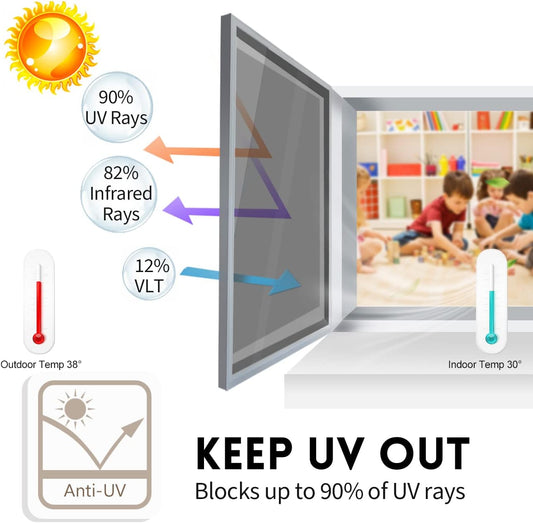 KESPEN Window Privacy Film One Way Daytime Privacy Static Cling Sun Blocking Anti UV Reflective Window Tint for Home and Office, Black-Silver, 17.5 Inch X 6.5 Feet