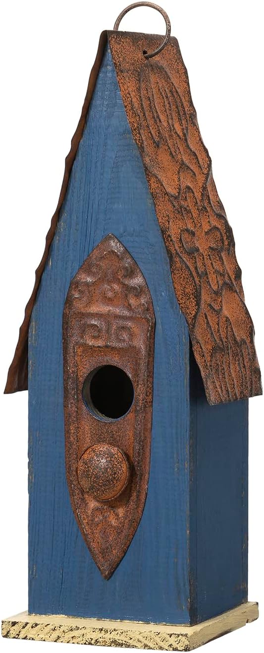 Glitzhome Bird Houses for Outside, Hanging Bird House for Outdoors, 13.25" H Retro Blue Distressed Solid Wood Pet Cottage Garden Decorative Birdhouse for Swallow Sparrow Finch Cardinals