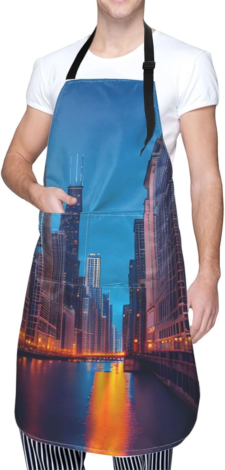 Chicago Night Print Laundry apron 28x33 In Waterproof Kitchen Apron with Pockets for Cooking Baking
