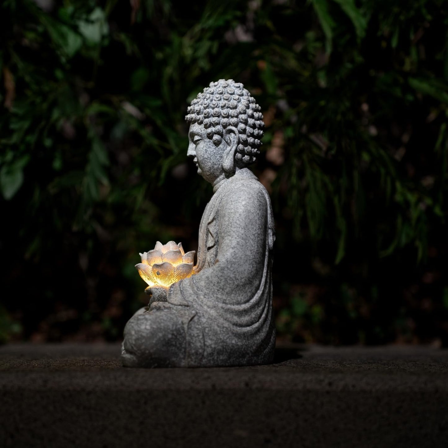 Buddha Lotus Statue with Solar Lights, Resin LED Figurine for Garden Decor – Unique Gift for Women and Friends(Grey Buddha)