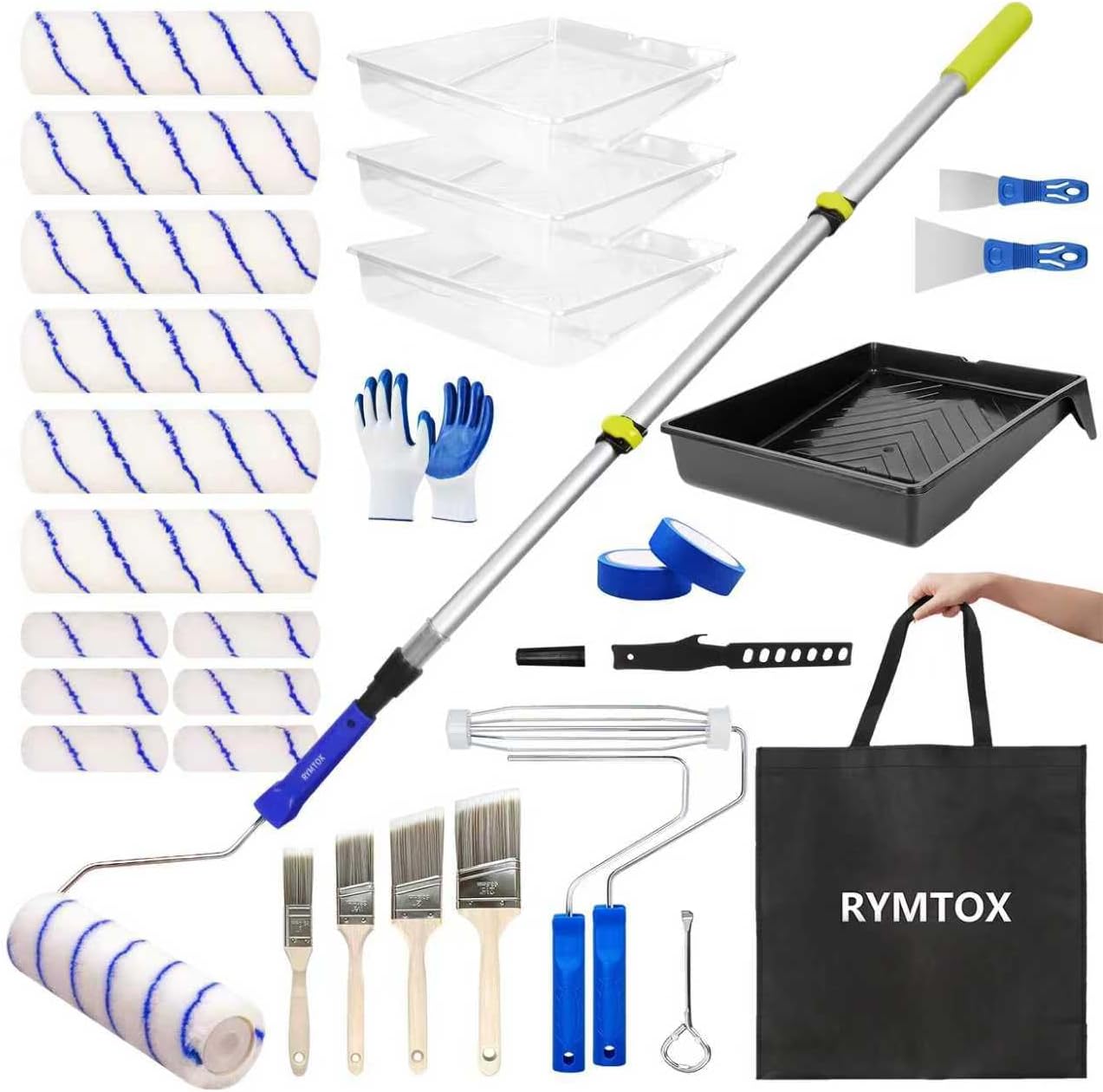 33PCS Paint Roller Kit with Extension Pole | 2–4 FT Pole | 9" & 4" Pai