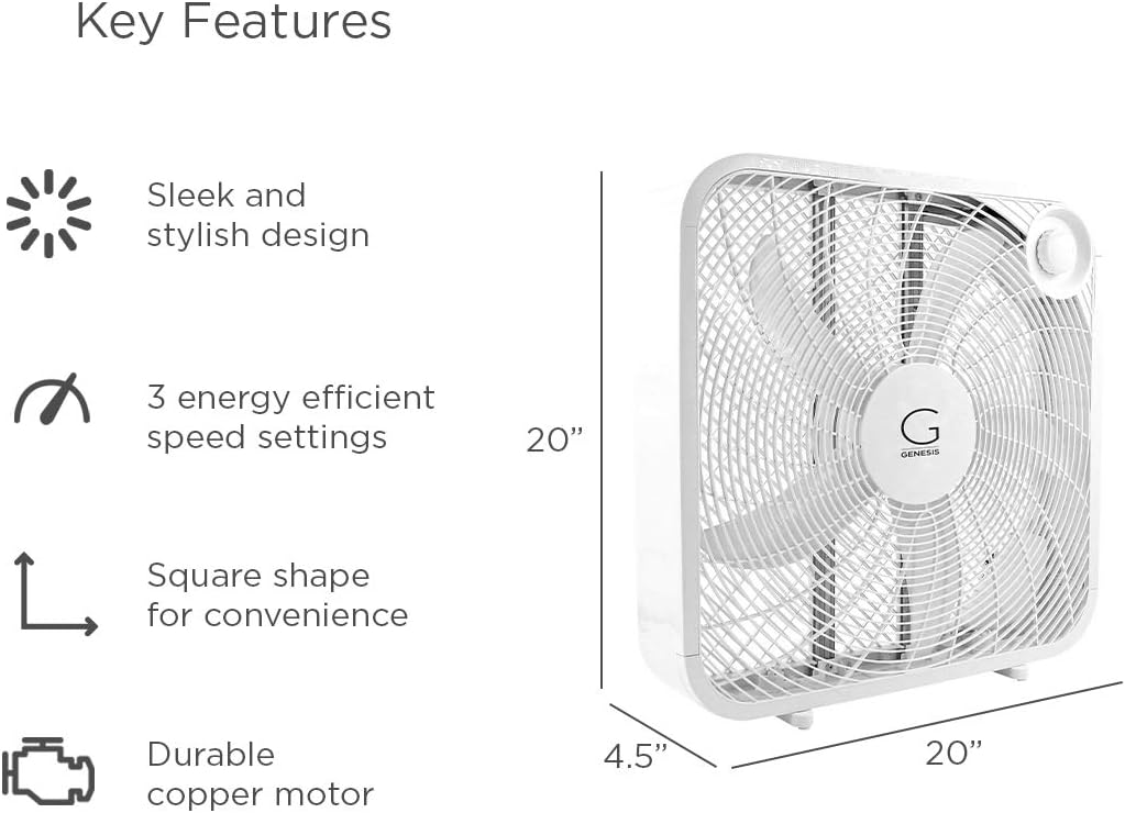Genesis 20" Box Fan, 3 Settings, Max Cooling Technology, Carry Handle,