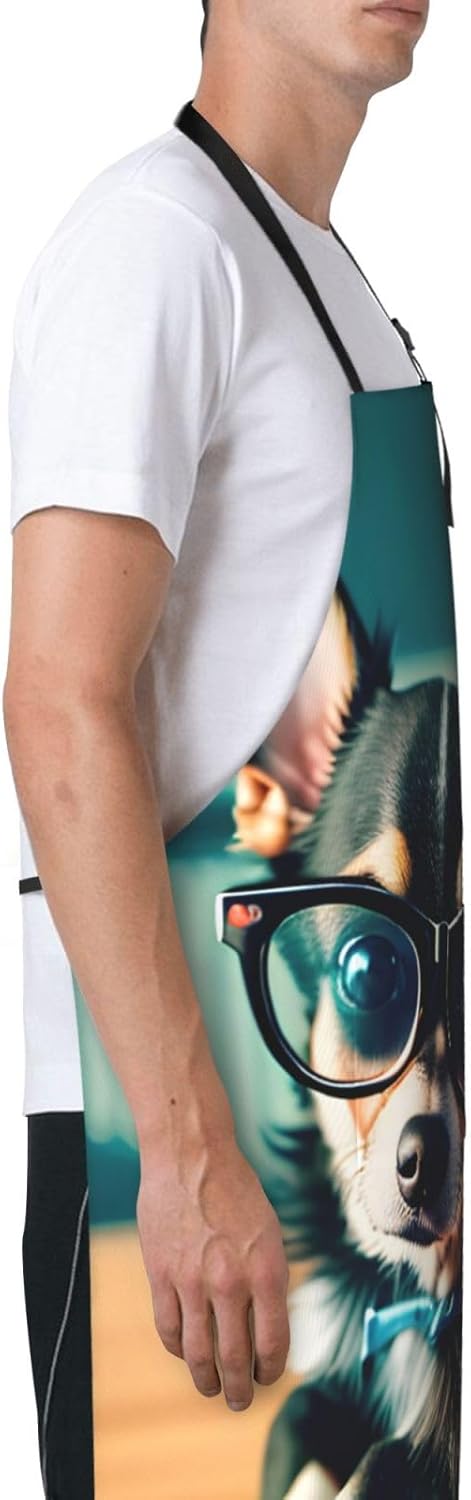 Chihuahua Dog Glasses print Waterproof chef's apron with pocket apron for kitchen cooking baking barbecue and gardening