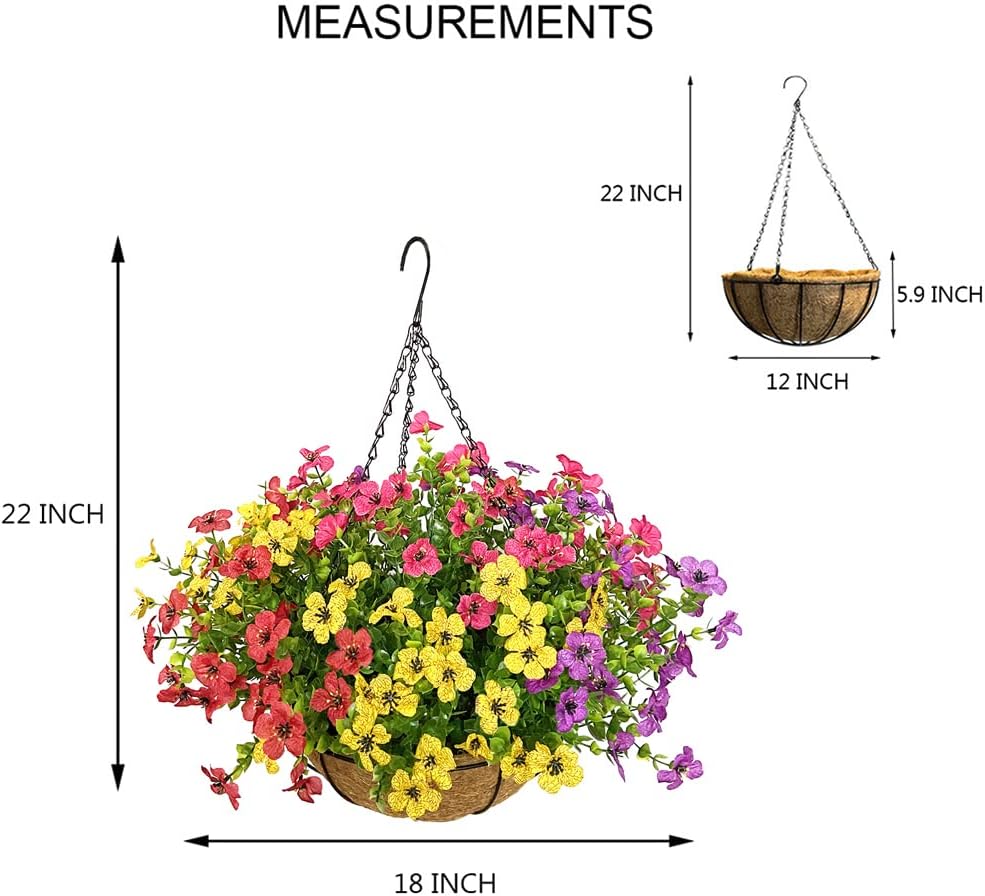 Artificial Flowers in Basket,Artificial Hanging Baskets with Flowers for Outdoor Indoor Courtyard Decor,12 inch Coconut Lining Basket for Patio Garden Porch Deck Decoration