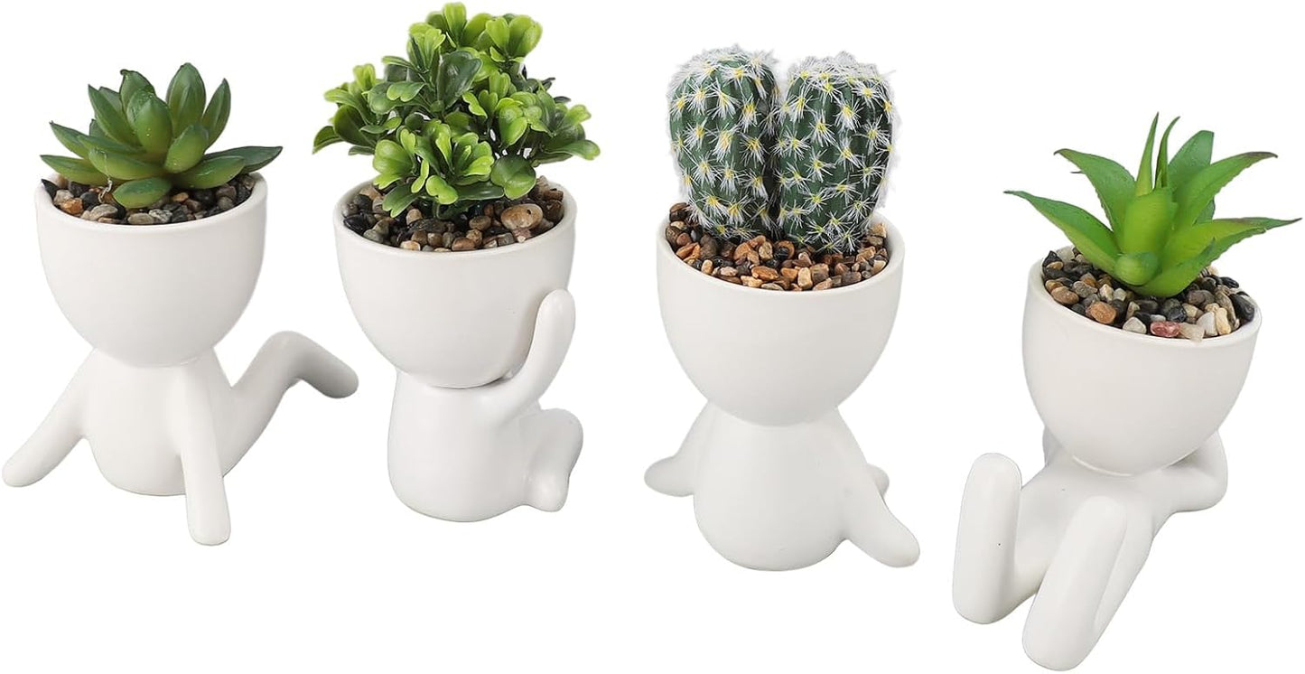 Artificial Succulent Planter Pot Cute Human Shaped Ceramic Plastic Fake Succulents with Pots for Home Office Decoration 4pcs Set