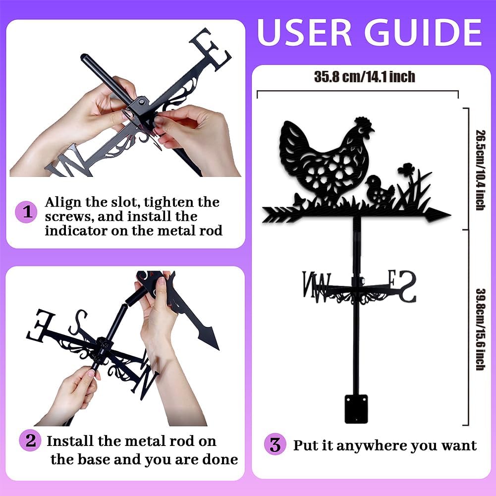 Hen Weathervane Metal Wind Vane Flower Chicks Animal Garden Decoration Direction Indicator Stake Mount Ornament for Farmhouse Yard Roof Outdoor