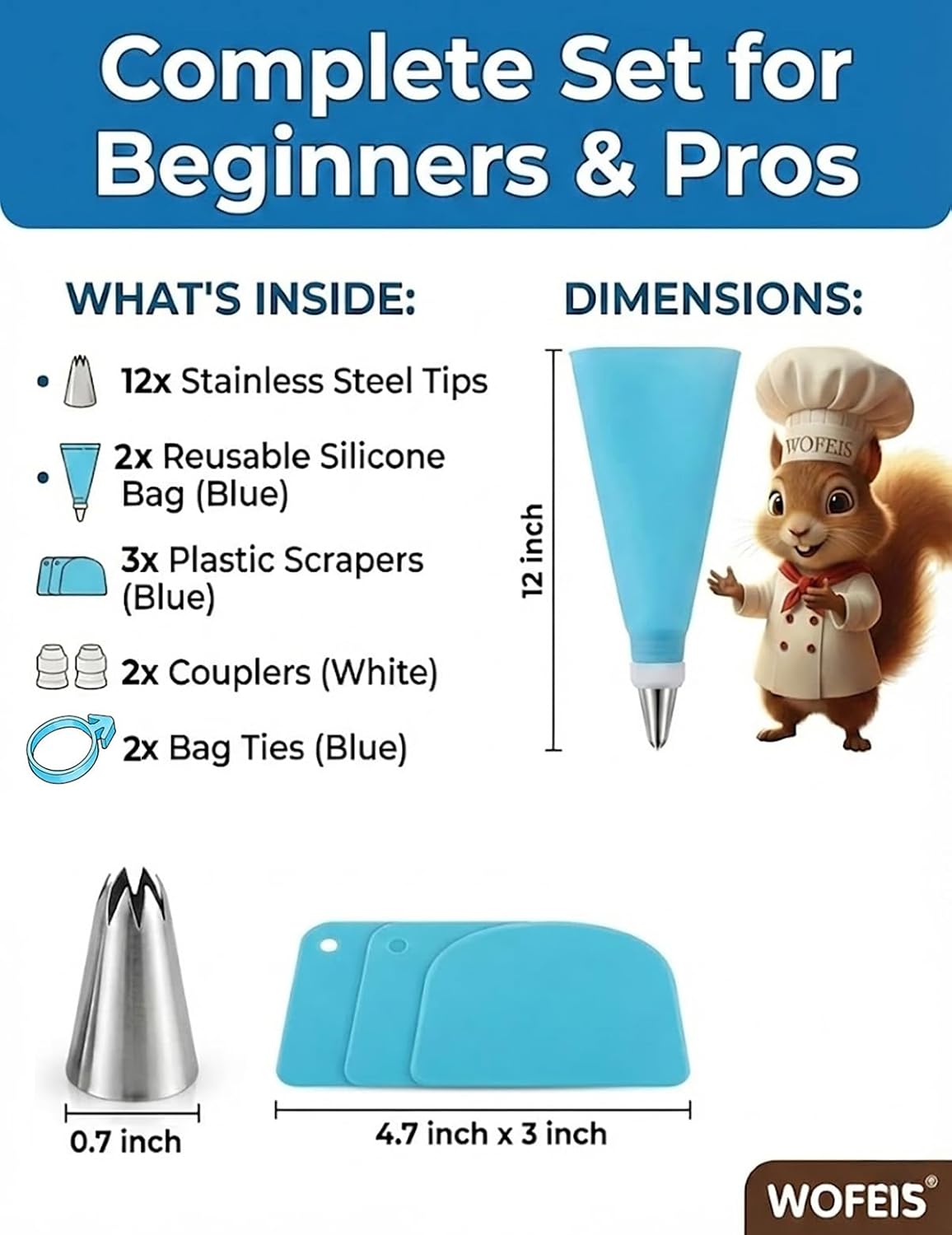 Piping Bags and Tips Set, Reusable Cake Decorating Supplies with 2 Reusable Bags, 12 Icing Tips, 2 Silicone Rings, 2 Couplers and 3 Scrapers, Cake Baking Tools for Cookie Icing Cupcakes
