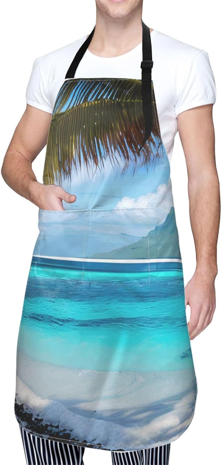 YANYU Tahiti Beach Print 28x33 In Kitchen Apron Stylish Chef Apron with Pockets for Cooking Baking Painting