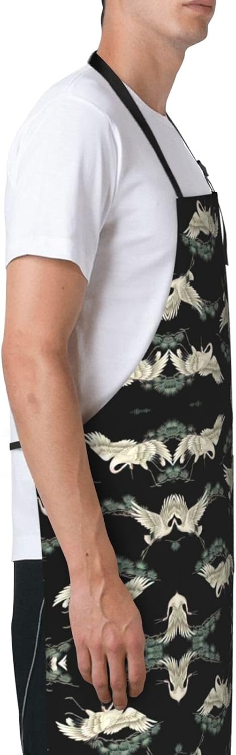 Japanese Crane & Pine print Waterproof apron with pocket adjustable cooking apron for adult kitchen bibs to bake