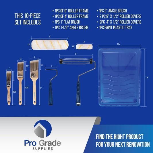 Pro Grade Paint Roller Kit, Brush & Roller,10 Piece Set, Wall Painting Naps for Professionals & Homeowners - All Paints & Stains, Washable, Reusable, Easy to Clean, Superior Absorbency.