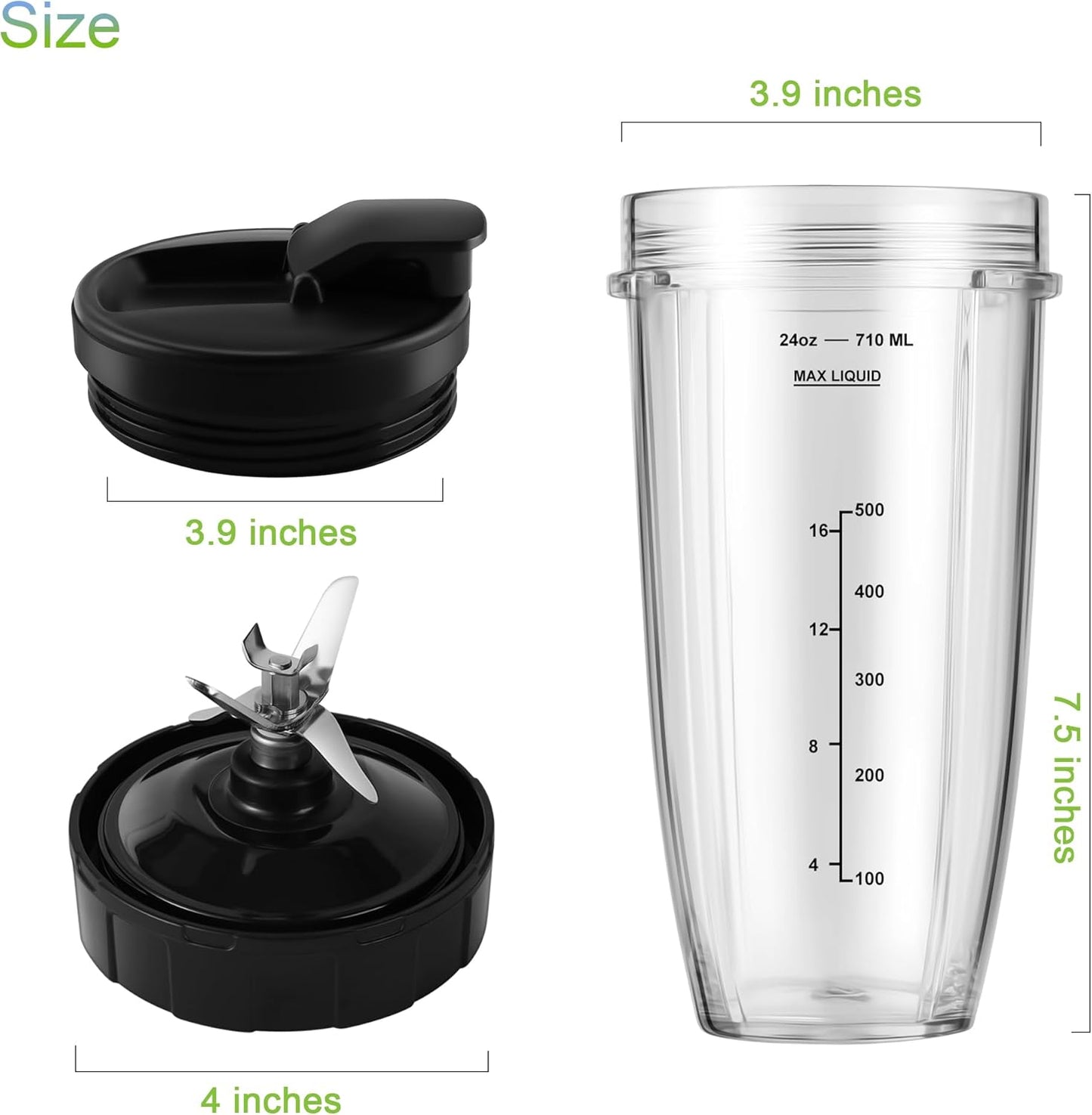 Blender Replacement Parts for Ninja, 24oz Ninja Blender Cups with To-Go Lids, 7 Fins Extractor Blade, Compatible with Nutri Ninja Auto iQ Blenders BL2012 BN801 BL480-30 BL640-30 BL642-30 NN100-30