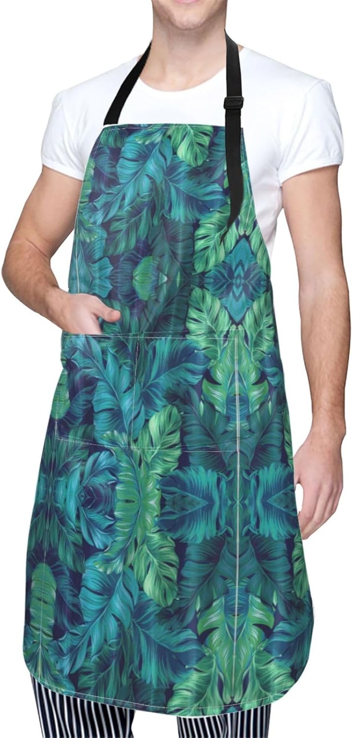 Tropical Palm Leaves Print 28x33 In Adult Kitchen Apron with Pockets Versatile Chef Smock for Cooking Baking
