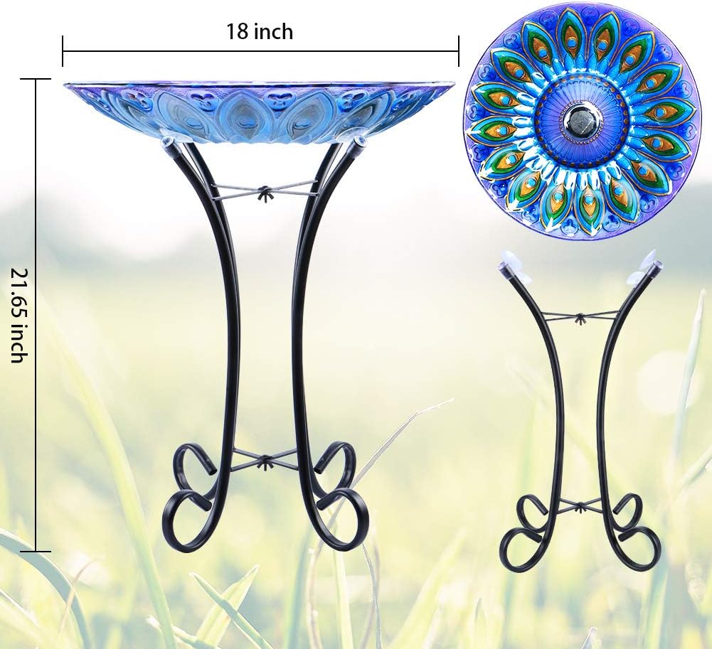 MUMTOP Outdoor Glass Birdbath Solar Birdbaths with Metal Stand for Lawn Yard Garden Peacock Decor,18” Dia 21.65 Height