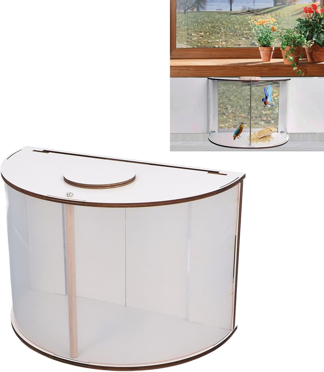 Fockety Window Bird Feeder, 180° Clear View Wooden Transparent Bird House for Viewing Squirrel Proof Clear Window Bird Feeders for Outside, Wild Bird Watching Gift, Garden Decor