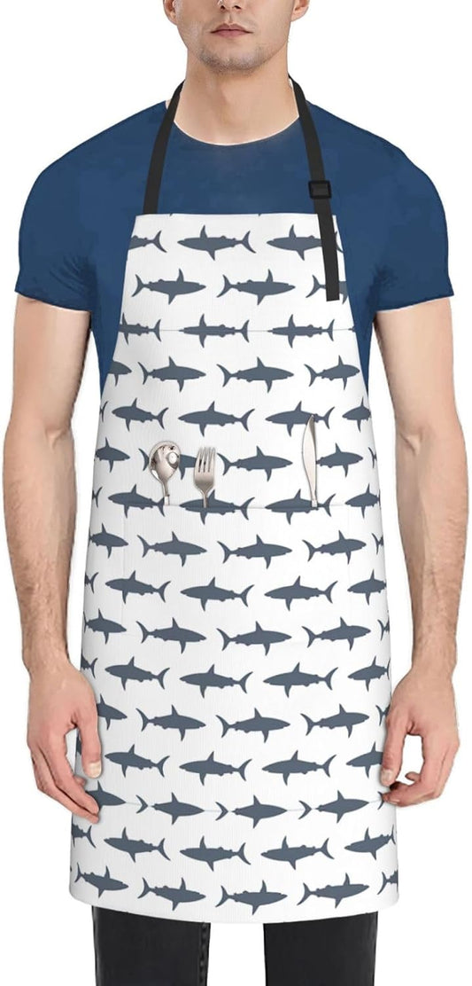 fish and shark print Waterproof apron with pocket adjustable cooking apron for adult kitchen bibs to bake