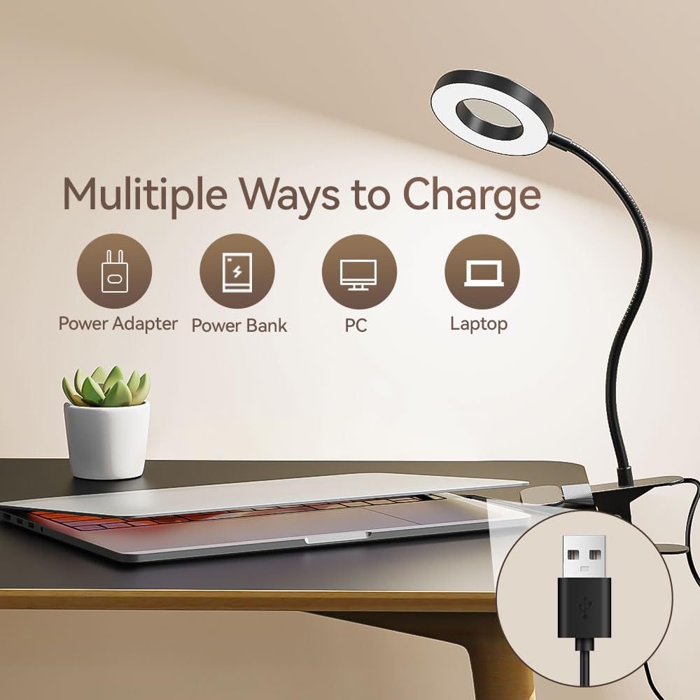 LED Desk Lamp Clip on Light with 3 Color Modes 10 Brightness Ring/Clam