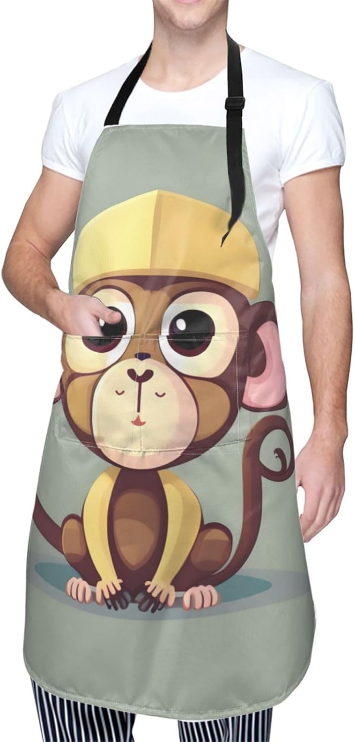 Cute Monkey Print Laundry apron 28x33 In Waterproof Kitchen Apron with Pockets for Cooking Baking