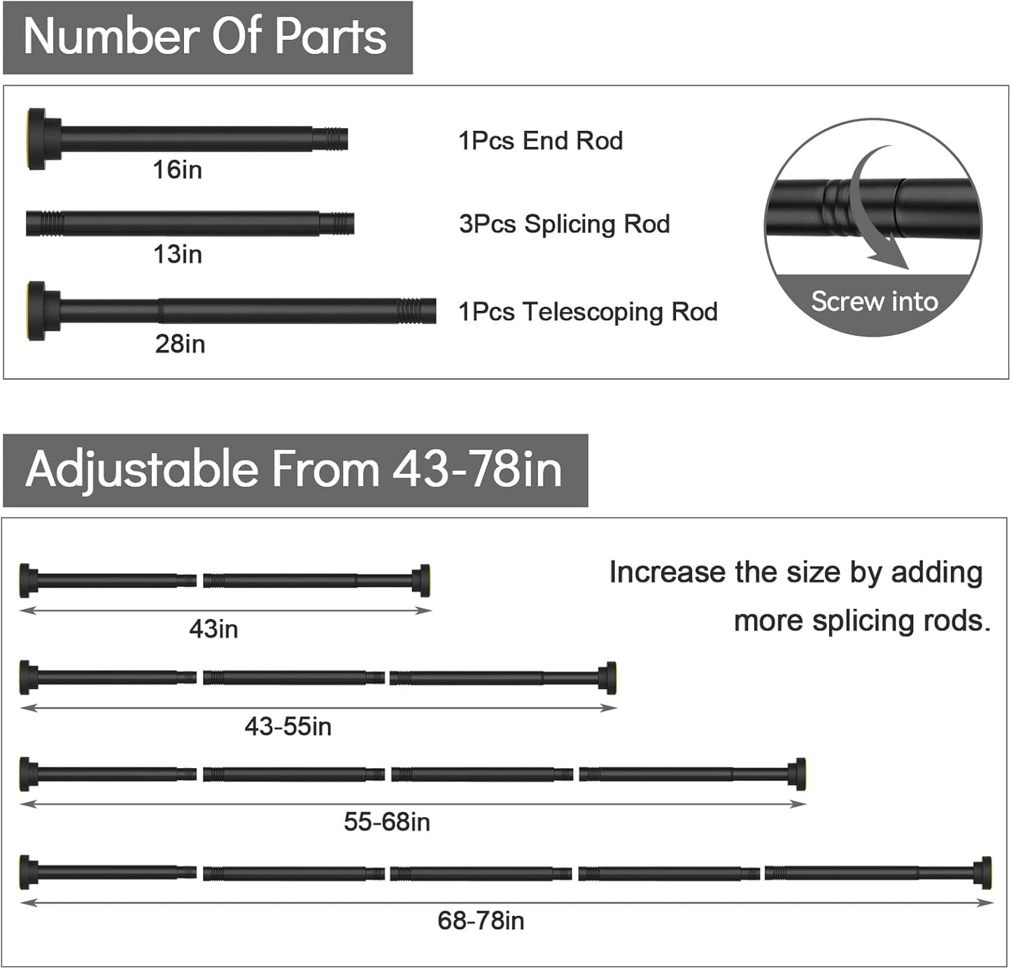 Shower Curtain Rod Adjustable 43-78 inch, 1"Diameter Spring Tension Cu