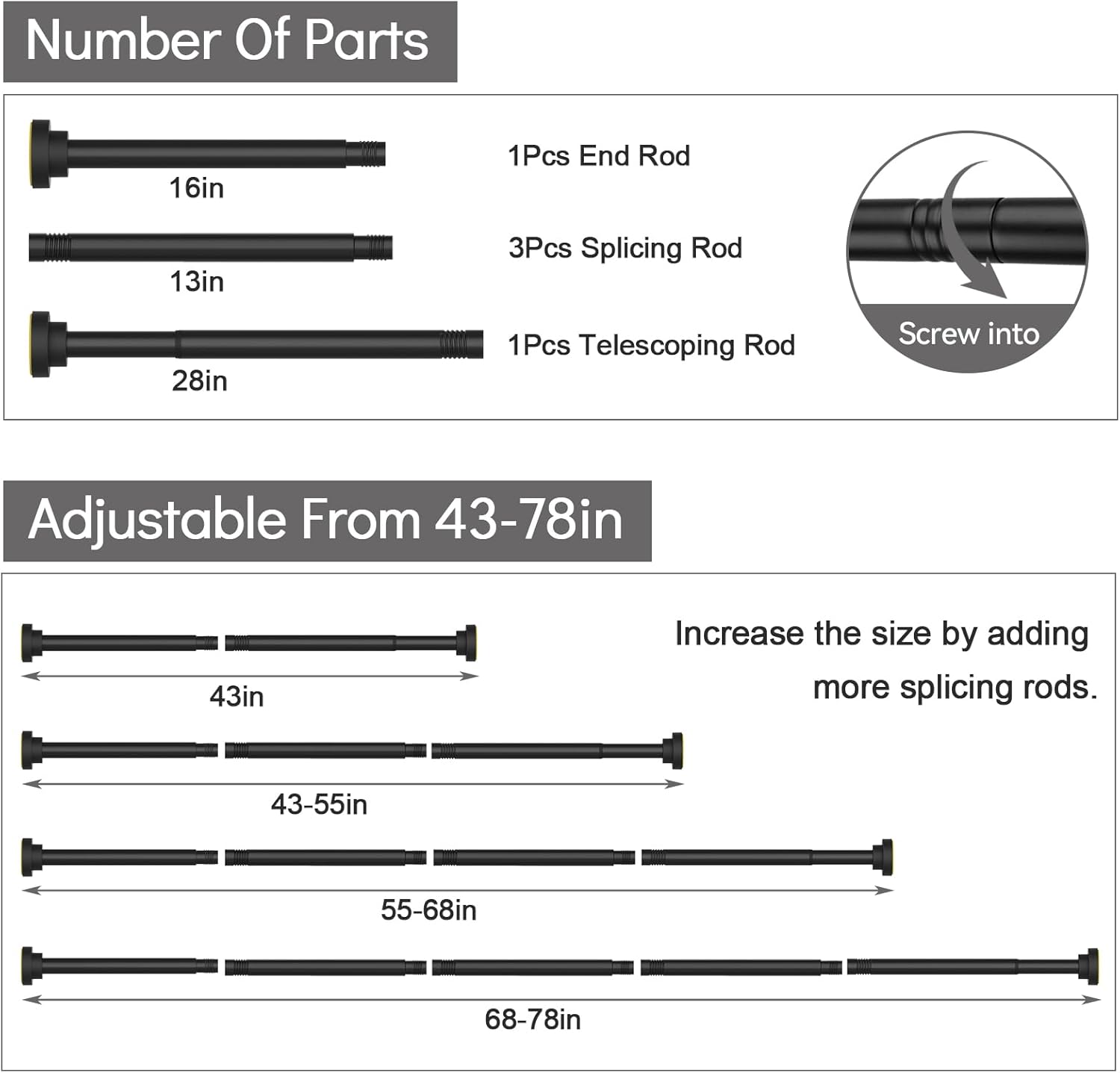 Shower Curtain Rod Adjustable 43-78 inch, 1"Diameter Spring Tension Cu