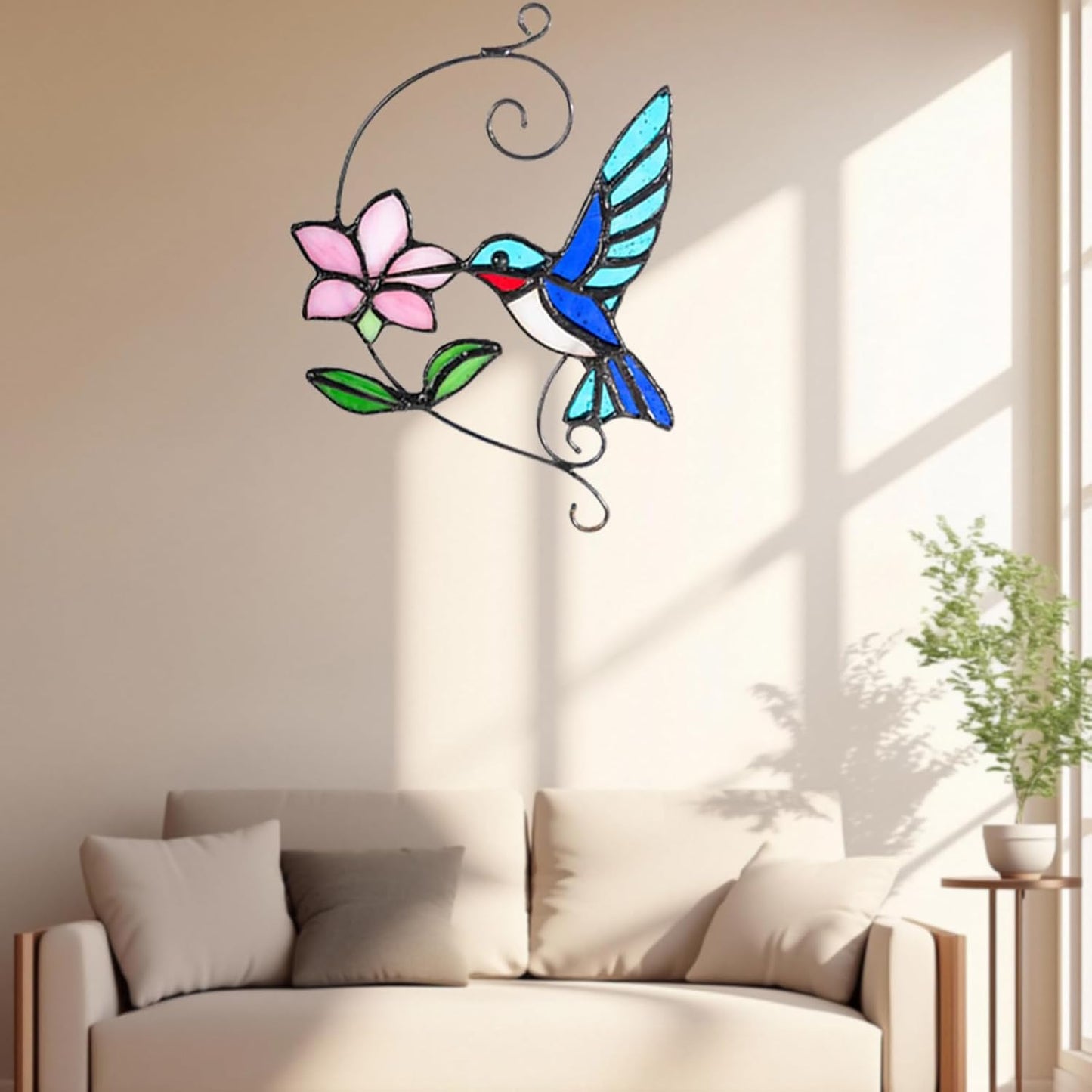 Blue Hummingbird Stained Glass Suncatcher with Flower, Handmade Window Hanging Light Catcher Bird Decor for Home & Garden, Glass Ornament Gift for Mom, Grandma & Nature Lovers
