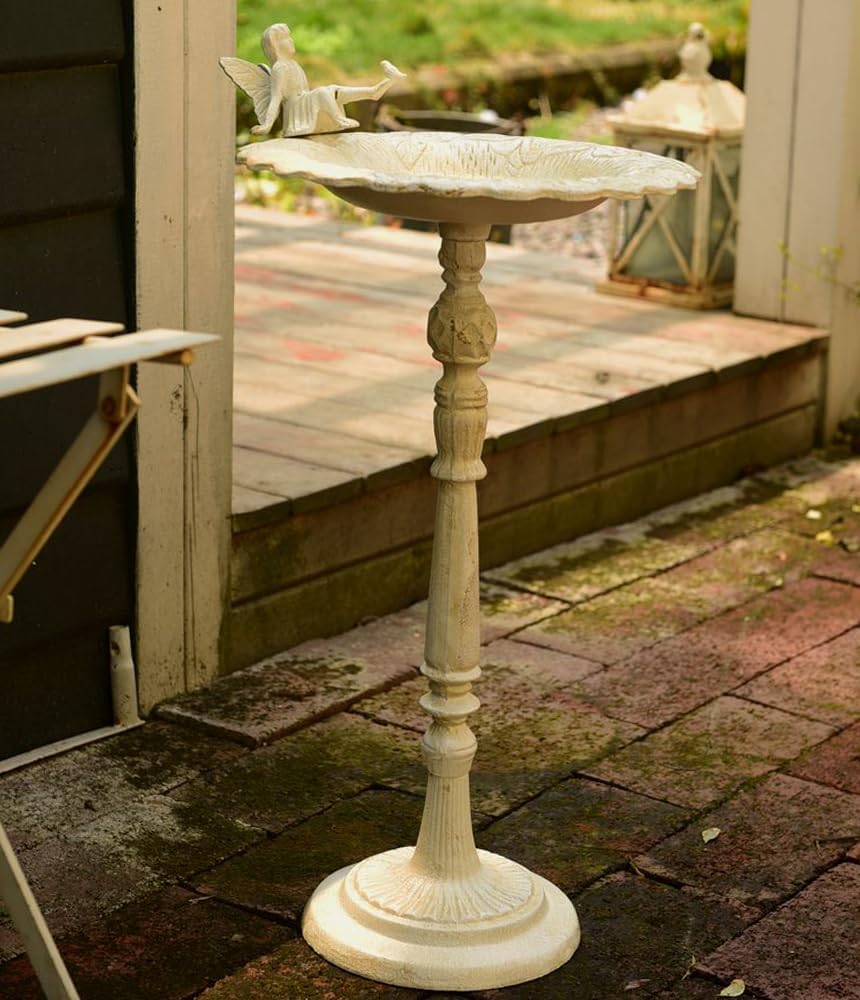 Heavy Duty Cast Iron Angel Bird Feeders,Rustic Garden Bird Baths for Outdoors 20.8" H (B-White)