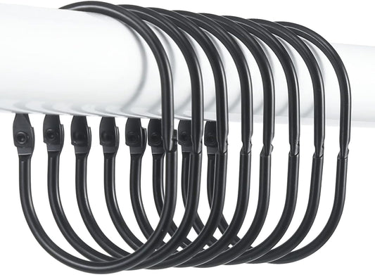 Goowin Shower Curtain Rings, 12 Pcs Shower Curtain Hooks, Oval Snap Shower Rings for Curtain, Metal Black Shower Curtain Rings Rust Proof, Glide Smoothly Shower Hooks for Shower Curtain Rod (Black)