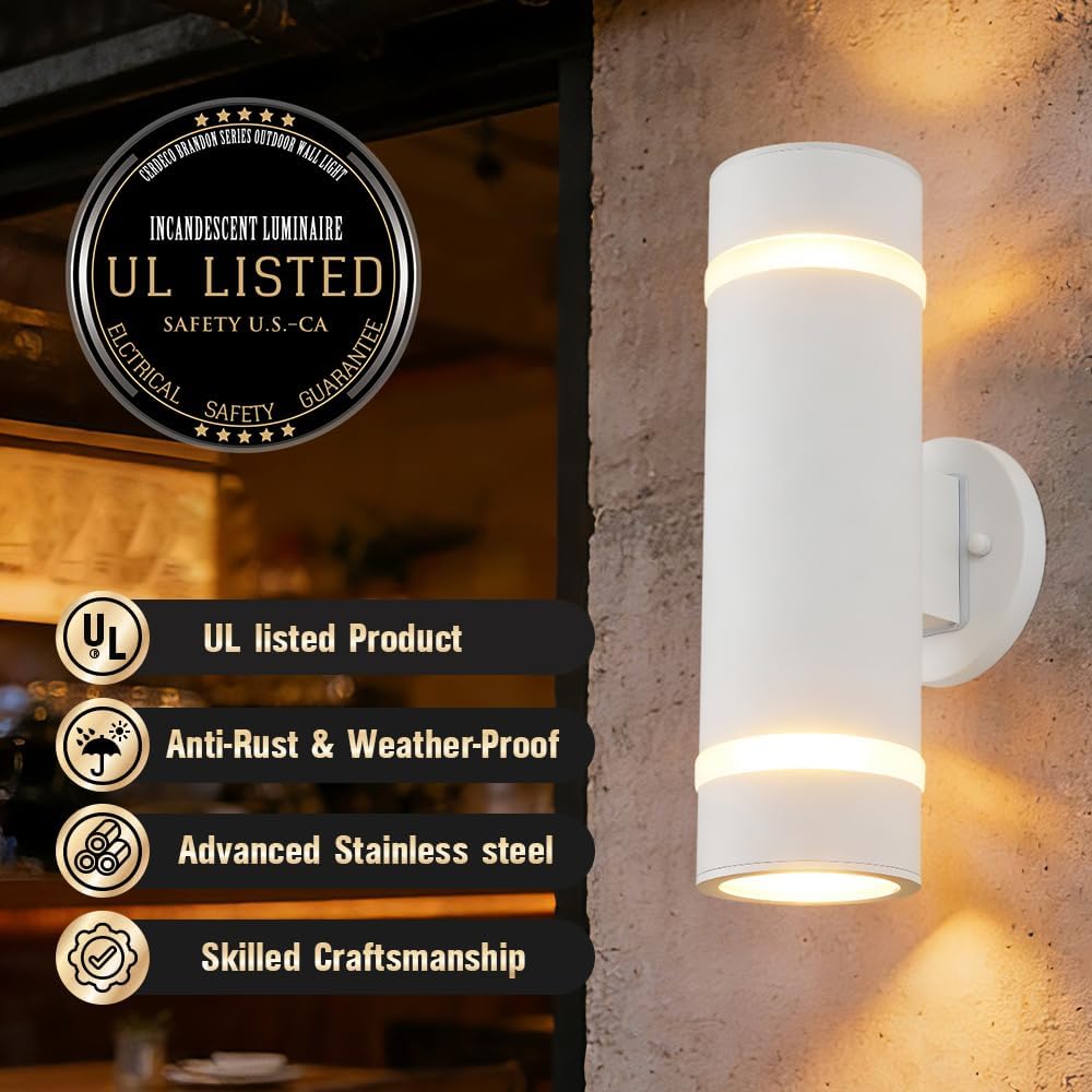 Cerdeco Stainless Steel Modern Porch Light Outdoor Wall Lighting Cylinder Wall Sconce Suitable for Garden & Patio,White Finished[ UL-Listed ]