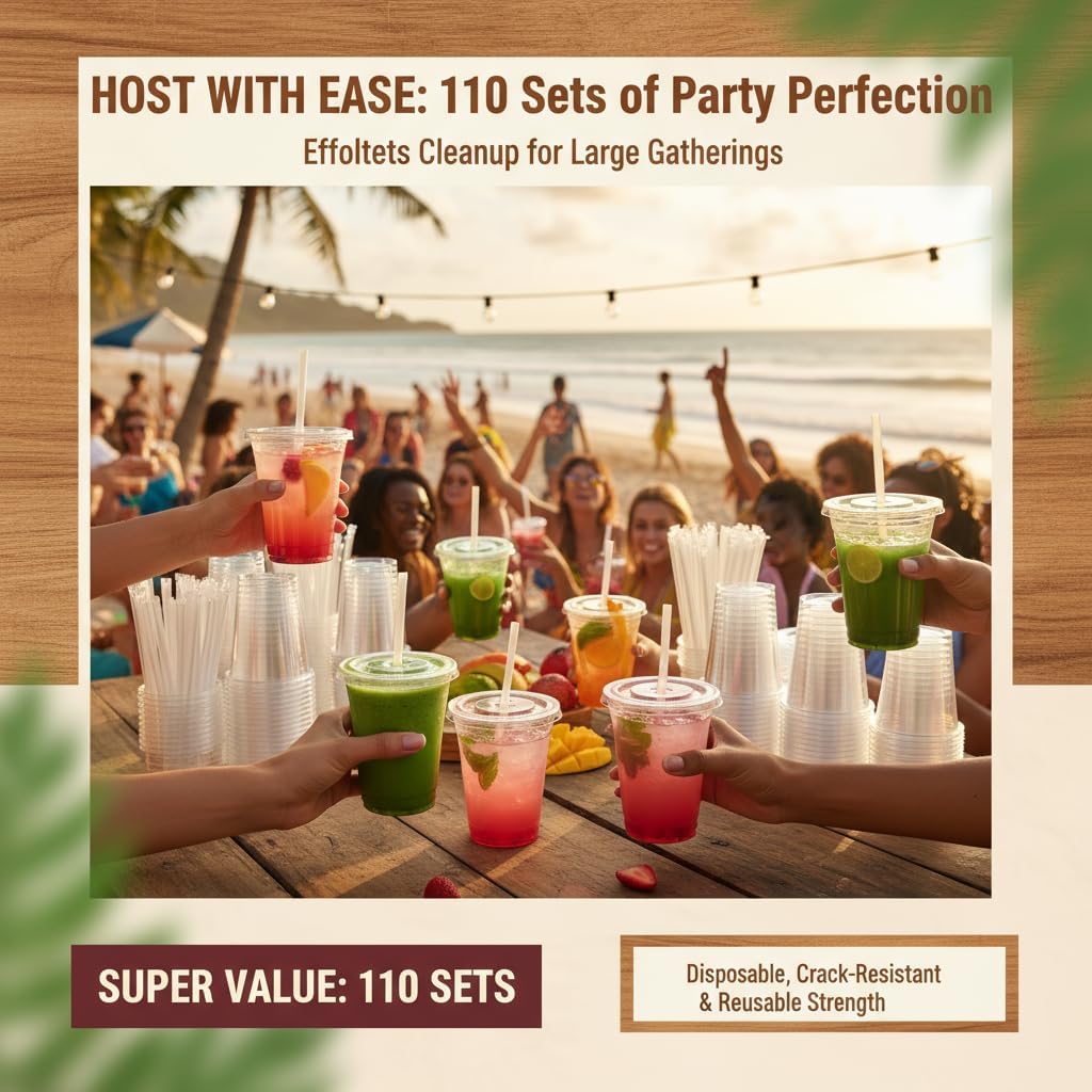 110 Pack 16 oz Plastic Cups with Lids and Straws,Sturdy Disposable Ice