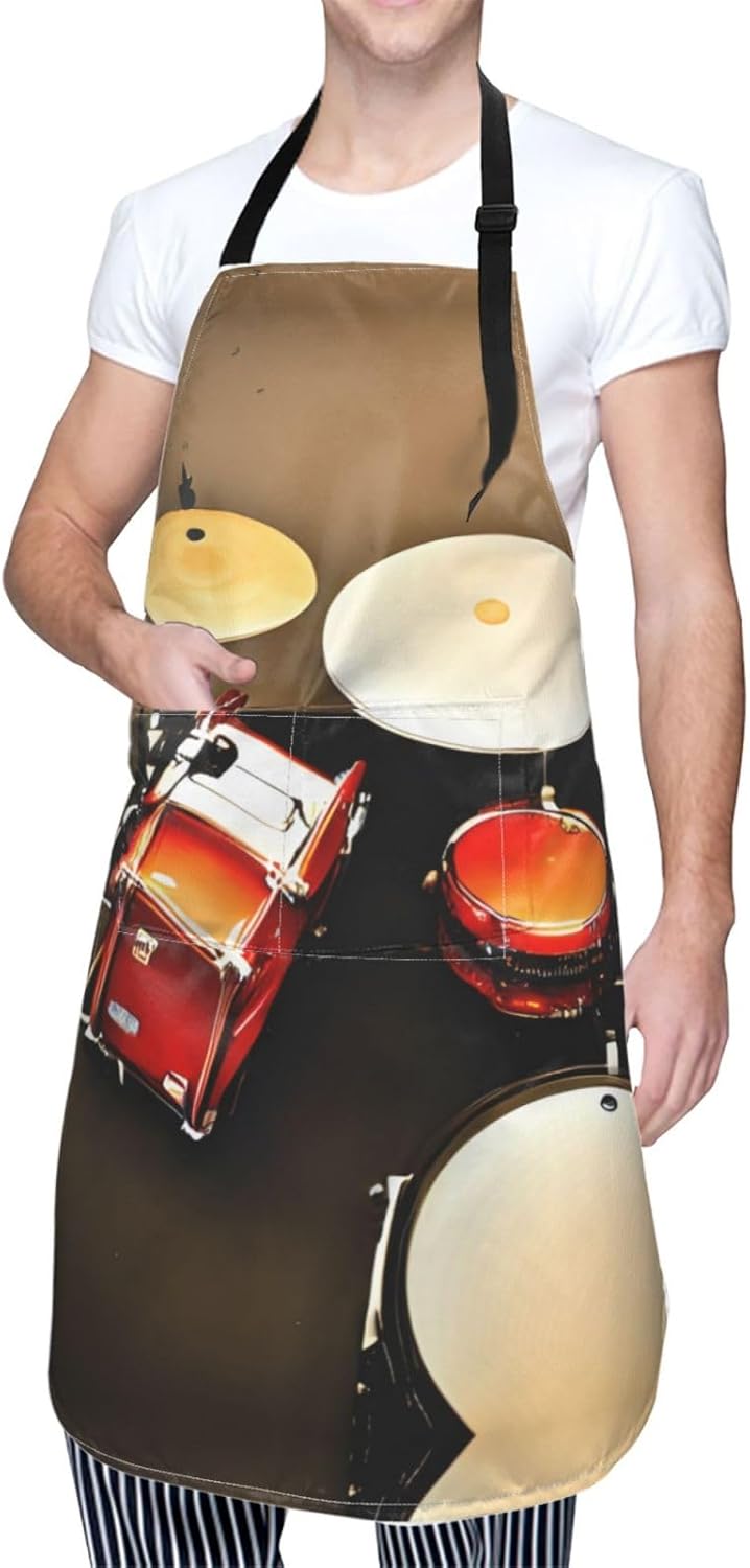 Drum Set-standard Print Laundry apron 28x33 In Waterproof Kitchen Apron with Pockets for Cooking Baking
