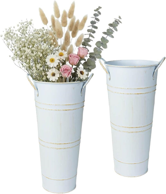 Vensovo Metal Flower Bucket Vase with Handles, 9 Inch White Rustic Farmhouse Centerpiece for Spring Home Decor & Wedding, Set of 2
