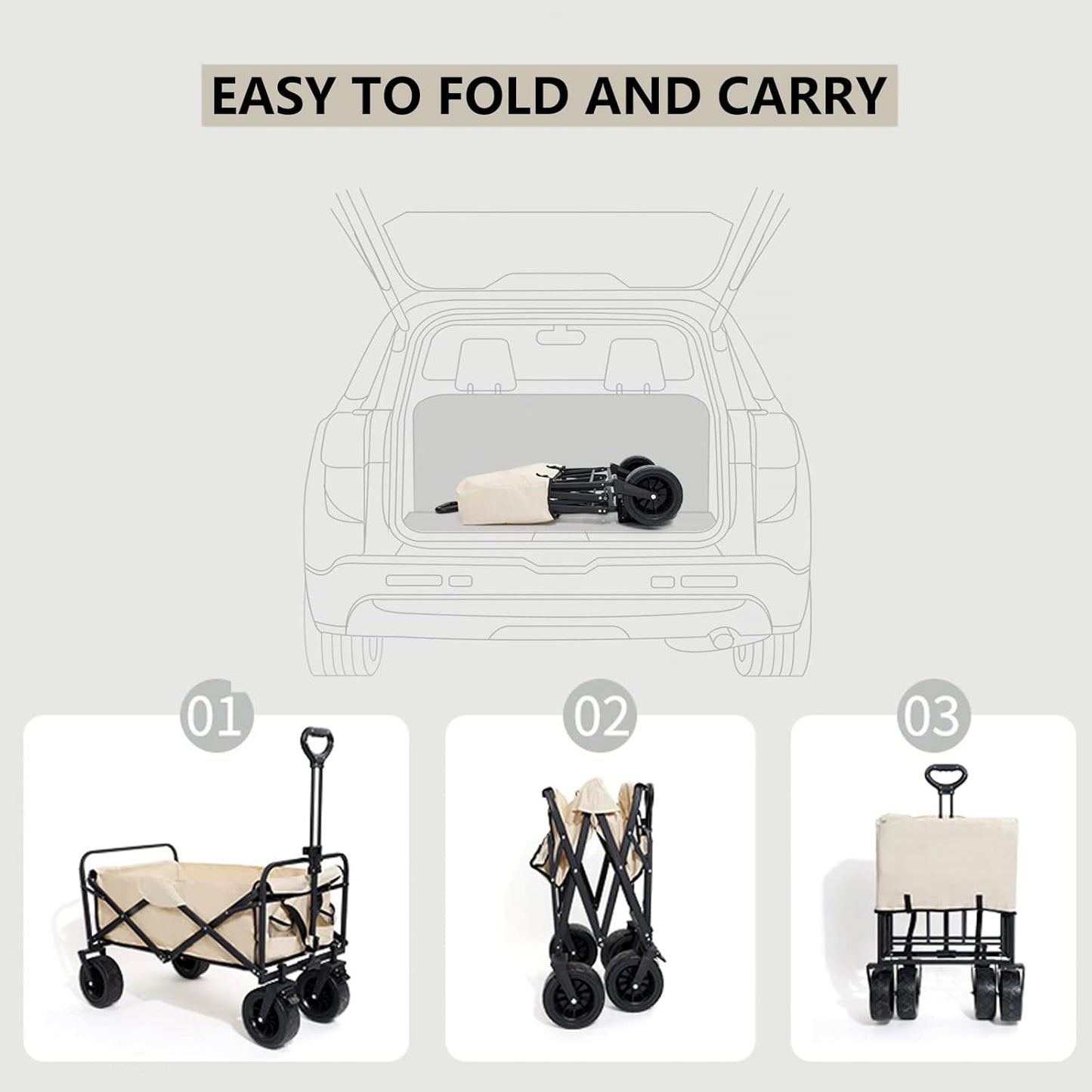 Heavy Duty Collapsible Folding Wagon - All-Terrain Utility Cart for Beach, Camping, Fishing & Shopping - Portable Garden Trolley with Durable Wheels, Black